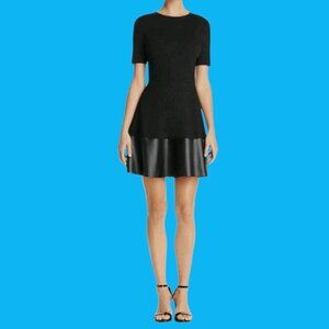 Aqua Black Short Sleeve Fit & Flare Dress With Faux Leather Hem XSmall